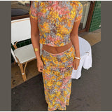 GETADME-Elegant Flower Print Short Sleeve Shirt Long Skirt Set Women Bodycon O-neck Tops Skirt 2025 New Vocation Beach Street Outfit