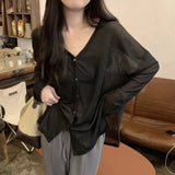 GETADME-Solid V-neck Shirt Women Spring Single Breasted Chiffon Loose Slim All-match Sun Protection Thin Breathable Fashion Slim Cozy