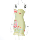 GETADME-Hugcitar 플로럴 프린트 러플 스트랩리스 우아하고 섹시하며 슬림한 귀여운 미니 드레스 여름 여성 패션 의상 해변 축제 생일