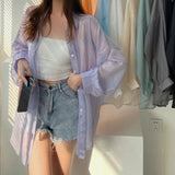 GETADME-Women Shirt Long Sleeve Top Blouse Female Chiffon Loose Summer Cardigan Thin Sexy Solid Color Casual Shirt Outerwear Прозрачная