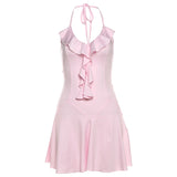 GETADME-니버 홀터 러플 V넥 드레스 여성 등없음 우아하고 섹시한 여름 패션 V넥 솔리드 생일 파티 클럽웨어 미니 바디콘