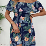 GETADME-우아한 패션 여성 드레스 라인 넥 반팔 러플 전신 프린트 러플 캐주얼