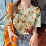 Women's Flower T-shirt Fashion Crew Neck Clothing Casual Comfort Short Sleeved Summer Loose Breathable Top Women's T-shirt
