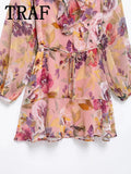 TRAF Womens Dresses Flower Print Elegant Short Dress Spring 2025 New Ruffles Mini Dress Women Long Sleeve Evening Party Dresses
