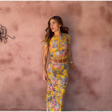 GETADME-Elegant Flower Print Short Sleeve Shirt Long Skirt Set Women Bodycon O-neck Tops Skirt 2025 New Vocation Beach Street Outfit