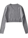 GETADME 2022 Vintage V neck Knitted Twist Striped Cropped Pullovers Preppy Full Sleeve Navel Exposure Sweater High Waist Jumper