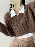 GETADME 2022 Vintage V neck Knitted Twist Striped Cropped Pullovers Preppy Full Sleeve Navel Exposure Sweater High Waist Jumper