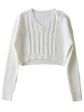 GETADME 2022 Vintage V neck Knitted Twist Striped Cropped Pullovers Preppy Full Sleeve Navel Exposure Sweater High Waist Jumper