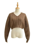 GETADME 2022 Vintage V neck Knitted Twist Striped Cropped Pullovers Preppy Full Sleeve Navel Exposure Sweater High Waist Jumper