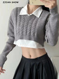 GETADME 2022 Vintage V neck Knitted Twist Striped Cropped Pullovers Preppy Full Sleeve Navel Exposure Sweater High Waist Jumper