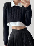 GETADME 2022 Vintage V neck Knitted Twist Striped Cropped Pullovers Preppy Full Sleeve Navel Exposure Sweater High Waist Jumper