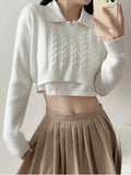 GETADME 2022 Vintage V neck Knitted Twist Striped Cropped Pullovers Preppy Full Sleeve Navel Exposure Sweater High Waist Jumper