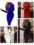 GETADME 2025 Autumn Winter Solid Color V-neck Double Breasted Suit Package Hip Dresses For Women Elegant Office Ladies Bodycon Dress