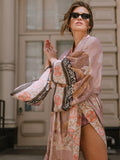 GETADME 2025 Bikini Cover-ups Pink Boho Print Self Belted Front Open Long Kimono Dress Beach Tunic Women Swim Suit Cover Up Q996
