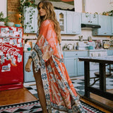 GETADME 2025 Bikini Cover-ups Pink Boho Print Self Belted Front Open Long Kimono Dress Beach Tunic Women Swim Suit Cover Up Q996