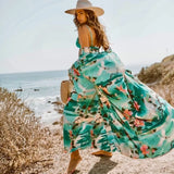 GETADME 2025 Bikini Cover-ups Pink Boho Print Self Belted Front Open Long Kimono Dress Beach Tunic Women Swim Suit Cover Up Q996