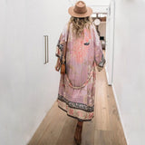 GETADME 2025 Bikini Cover-ups Pink Boho Print Self Belted Front Open Long Kimono Dress Beach Tunic Women Swim Suit Cover Up Q996