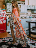 GETADME 2025 Bikini Cover-ups Pink Boho Print Self Belted Front Open Long Kimono Dress Beach Tunic Women Swim Suit Cover Up Q996
