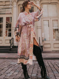 GETADME 2025 Bikini Cover-ups Pink Boho Print Self Belted Front Open Long Kimono Dress Beach Tunic Women Swim Suit Cover Up Q996