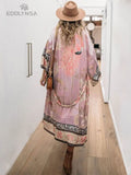 GETADME 2025 Bikini Cover-ups Pink Boho Print Self Belted Front Open Long Kimono Dress Beach Tunic Women Swim Suit Cover Up Q996