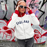 GETADME 2024 England Autumn Zip Up Hoodie Women Y2k High Street Casual Letter Print Coat Top Vintage Grunge Long Sleeve Sweatshirt New