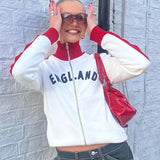 GETADME 2024 England Autumn Zip Up Hoodie Women Y2k High Street Casual Letter Print Coat Top Vintage Grunge Long Sleeve Sweatshirt New