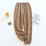 Getadme 2025 New Spring Summer Women's Pajamas 100% Cotton Crepe Pants Women's Comfortable Loose Large Leaf Home Pants Thin bottoms