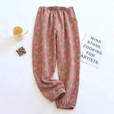 Getadme 2025 New Spring Summer Women's Pajamas 100% Cotton Crepe Pants Women's Comfortable Loose Large Leaf Home Pants Thin bottoms