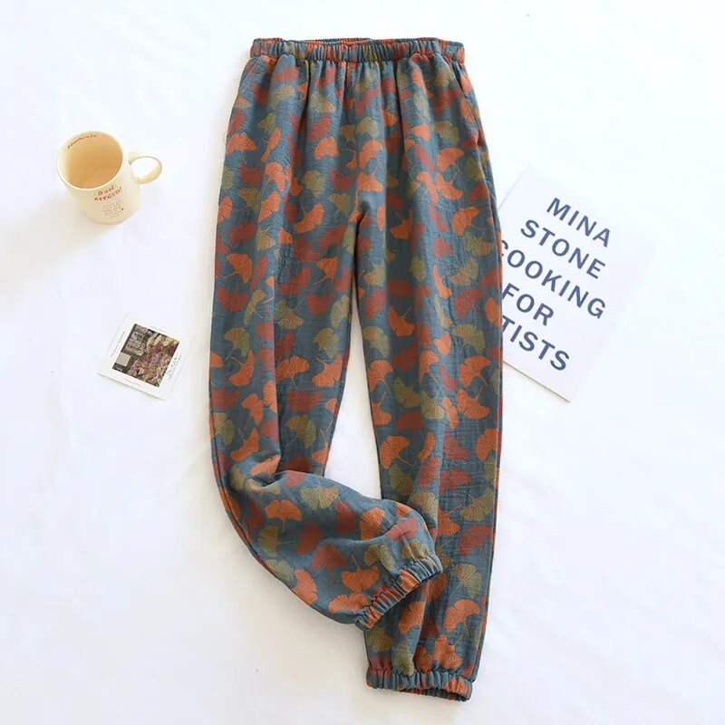 Getadme 2025 New Spring Summer Women's Pajamas 100% Cotton Crepe Pants Women's Comfortable Loose Large Leaf Home Pants Thin bottoms