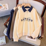 GETADME 2025 New Spring and Autumn American Retro Loose Relaxed Half Zipper Polo Neck Letter Print Oversized Long Sleeve Women's Sweater