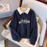 GETADME 2025 New Spring and Autumn American Retro Loose Relaxed Half Zipper Polo Neck Letter Print Oversized Long Sleeve Women's Sweater