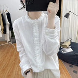 GETADME 2024 New Spring and Autumn Vintage Standing Collar Ruffle Sleeve Lace Panel Button Commuter Casual Solid Color Women's Shirt