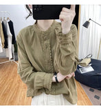 GETADME 2024 New Spring and Autumn Vintage Standing Collar Ruffle Sleeve Lace Panel Button Commuter Casual Solid Color Women's Shirt