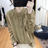 GETADME 2024 New Spring and Autumn Vintage Standing Collar Ruffle Sleeve Lace Panel Button Commuter Casual Solid Color Women's Shirt