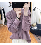 GETADME 2024 New Spring and Autumn Vintage Standing Collar Ruffle Sleeve Lace Panel Button Commuter Casual Solid Color Women's Shirt