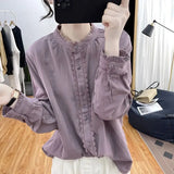 GETADME 2024 New Spring and Autumn Vintage Standing Collar Ruffle Sleeve Lace Panel Button Commuter Casual Solid Color Women's Shirt