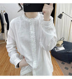 GETADME 2024 New Spring and Autumn Vintage Standing Collar Ruffle Sleeve Lace Panel Button Commuter Casual Solid Color Women's Shirt