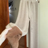 GETADME 2024 Slim Simple Knit Wide-leg Pants Women's Autumn and Winter High-waisted Moped Pants Thick Casual Pants Straight