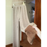 GETADME 2024 Slim Simple Knit Wide-leg Pants Women's Autumn and Winter High-waisted Moped Pants Thick Casual Pants Straight