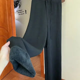 GETADME 2024 Slim Simple Knit Wide-leg Pants Women's Autumn and Winter High-waisted Moped Pants Thick Casual Pants Straight