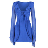 GETADME 2025 Summer Mesh Long Sleeve Bandage Dress Mini Ruffles Women's V Neck Sexy Bodycon Dresses Party Beach Evening Outfit