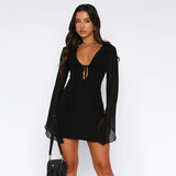 GETADME 2025 Summer Mesh Long Sleeve Bandage Dress Mini Ruffles Women's V Neck Sexy Bodycon Dresses Party Beach Evening Outfit