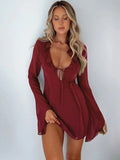 GETADME 2025 Summer Mesh Long Sleeve Bandage Dress Mini Ruffles Women's V Neck Sexy Bodycon Dresses Party Beach Evening Outfit