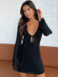 GETADME 2025 Summer Mesh Long Sleeve Bandage Dress Mini Ruffles Women's V Neck Sexy Bodycon Dresses Party Beach Evening Outfit