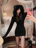 GETADME 2025 Winter Knitted Sweater Dress with Hooded Women Slim Bodycon Y2k Mini Dress Faux Fur Female One Piece Dress Korean Elegant