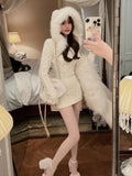 GETADME 2025 Winter Knitted Sweater Dress with Hooded Women Slim Bodycon Y2k Mini Dress Faux Fur Female One Piece Dress Korean Elegant