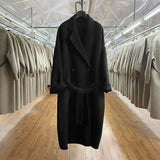GETADME 2024 Winter Korean Handmade Double Breasted Long 100% Wool Coat Women Casual Loose Lacing Belt Woolen Overcoat Oversized