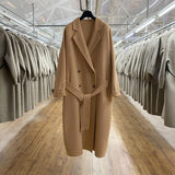 GETADME 2024 Winter Korean Handmade Double Breasted Long 100% Wool Coat Women Casual Loose Lacing Belt Woolen Overcoat Oversized