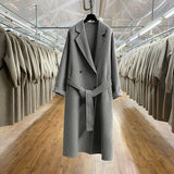 GETADME 2024 Winter Korean Handmade Double Breasted Long 100% Wool Coat Women Casual Loose Lacing Belt Woolen Overcoat Oversized