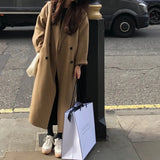 GETADME 2024 Winter Korean Handmade Double Breasted Long 100% Wool Coat Women Casual Loose Lacing Belt Woolen Overcoat Oversized